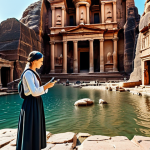 A professional female tourist, fully clothed in modest travel attire, wearing comfortable shoes. She is holding a smartphone, looking at its screen, which shows an augmented reality overlay of ancient traders and flowing water superimposed on the real ruins of a historical city carved into rock. Her other hand is slightly extended, as if interacting with the virtual scene. An ancient, sun-drenched city ruins, similar to Petra, with intricately carved rock facades and sandy ground. The sky is clear blue. Bright daylight, casting soft shadows. Professional photography, realistic, high detail, vibrant colors, perfect anatomy, correct proportions, natural pose, well-formed hands, proper finger count, natural body proportions, safe for work, appropriate content, fully clothed, modest, family-friendly.