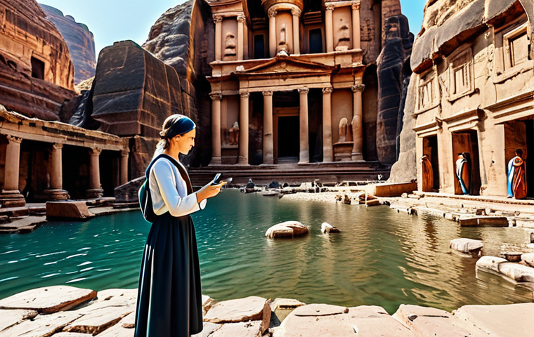 A professional female tourist, fully clothed in modest travel attire, wearing comfortable shoes. She is holding a smartphone, looking at its screen, which shows an augmented reality overlay of ancient traders and flowing water superimposed on the real ruins of a historical city carved into rock. Her other hand is slightly extended, as if interacting with the virtual scene. An ancient, sun-drenched city ruins, similar to Petra, with intricately carved rock facades and sandy ground. The sky is clear blue. Bright daylight, casting soft shadows. Professional photography, realistic, high detail, vibrant colors, perfect anatomy, correct proportions, natural pose, well-formed hands, proper finger count, natural body proportions, safe for work, appropriate content, fully clothed, modest, family-friendly.