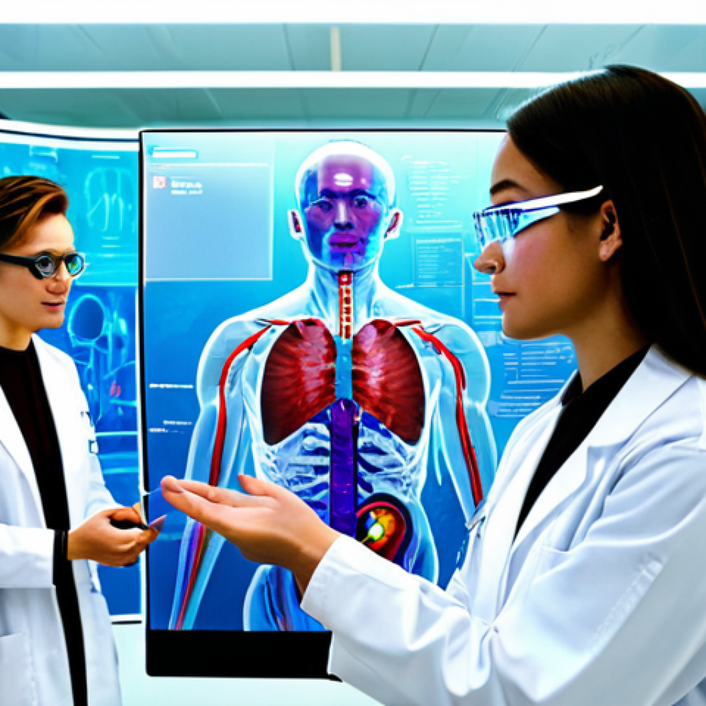 A diverse group of professional students, fully clothed in modest lab coats and smart casual attire, engaged in a high-tech university laboratory. A vibrant, translucent 3D holographic projection of a complex human anatomical model floats in the center of the room, allowing for intricate views of internal organs and systems. The students, wearing sleek, modern augmented reality glasses, interact with the floating model using precise hand gestures and digital styluses, while a female instructor provides guidance. The lab features clean lines and bright, futuristic lighting, emphasizing innovation in medical education. Perfect anatomy, natural poses, correct proportions, well-formed hands, proper finger count. safe for work, appropriate content, professional, high-resolution professional photography, natural body proportions.