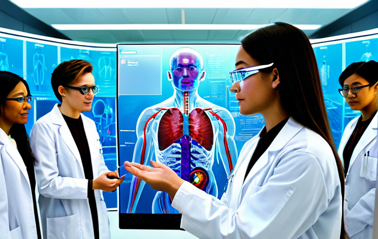 A diverse group of professional students, fully clothed in modest lab coats and smart casual attire, engaged in a high-tech university laboratory. A vibrant, translucent 3D holographic projection of a complex human anatomical model floats in the center of the room, allowing for intricate views of internal organs and systems. The students, wearing sleek, modern augmented reality glasses, interact with the floating model using precise hand gestures and digital styluses, while a female instructor provides guidance. The lab features clean lines and bright, futuristic lighting, emphasizing innovation in medical education. Perfect anatomy, natural poses, correct proportions, well-formed hands, proper finger count. safe for work, appropriate content, professional, high-resolution professional photography, natural body proportions.