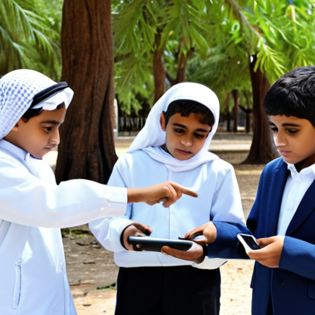 증강현실을 통한 기후 변화 교육 사례 - **
"A group of fully clothed Arab schoolchildren are using augmented reality tablets to view a simu...
