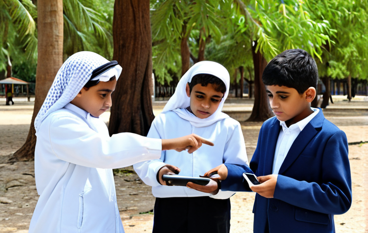 증강현실을 통한 기후 변화 교육 사례 - **
"A group of fully clothed Arab schoolchildren are using augmented reality tablets to view a simu...