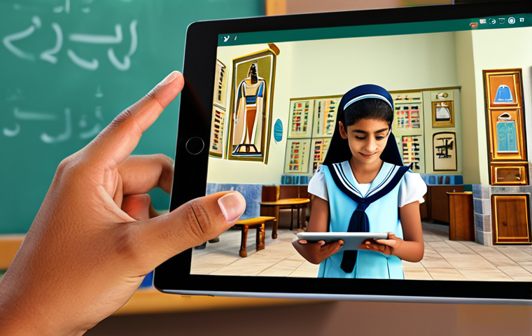 증강현실을 활용한 캐릭터 디자인 사례 - Interactive Learning**
"A bright and cheerful classroom scene. A young Arab student, fully clothed ...