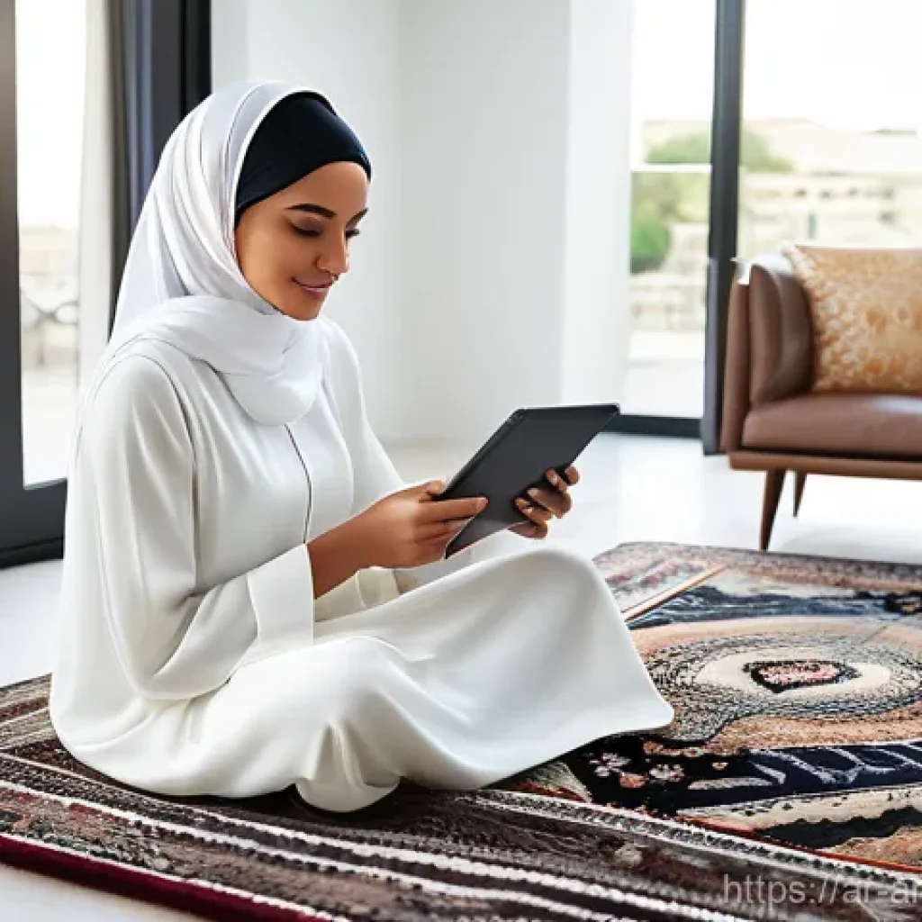 증강현실 기술의 사회적 수용성 연구 - **Prompt:** A stylish Arab woman, elegantly dressed in a modest contemporary abaya, uses a sleek tab...