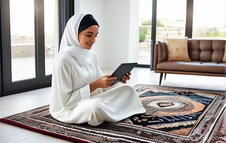 증강현실 기술의 사회적 수용성 연구 - **Prompt:** A stylish Arab woman, elegantly dressed in a modest contemporary abaya, uses a sleek tab...