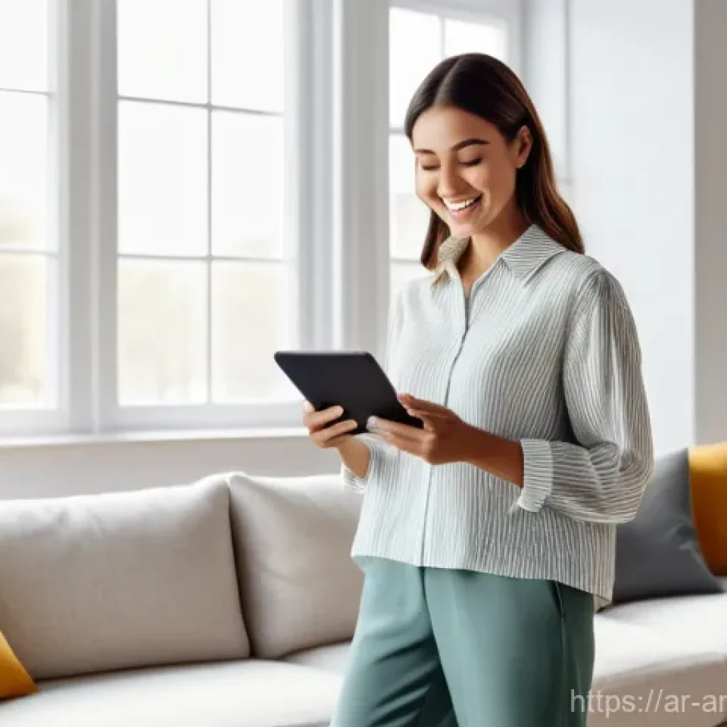증강현실을 통한 물리적 제품 체험 - **Augmented Reality Home Decor Planning**
A stylish woman in her late 20s, dressed in a modest, ...