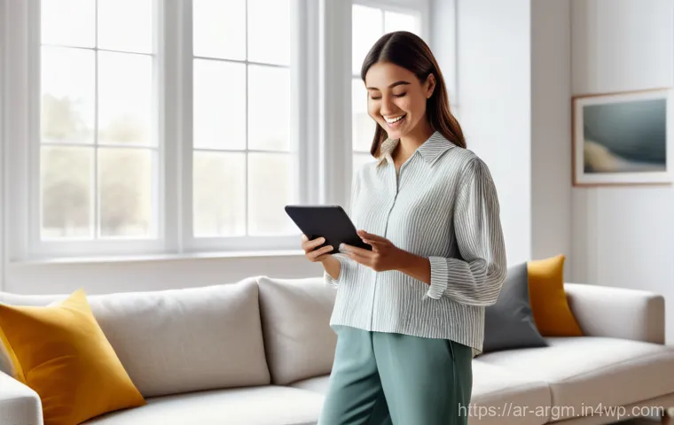 증강현실을 통한 물리적 제품 체험 - **Augmented Reality Home Decor Planning**
A stylish woman in her late 20s, dressed in a modest, ...