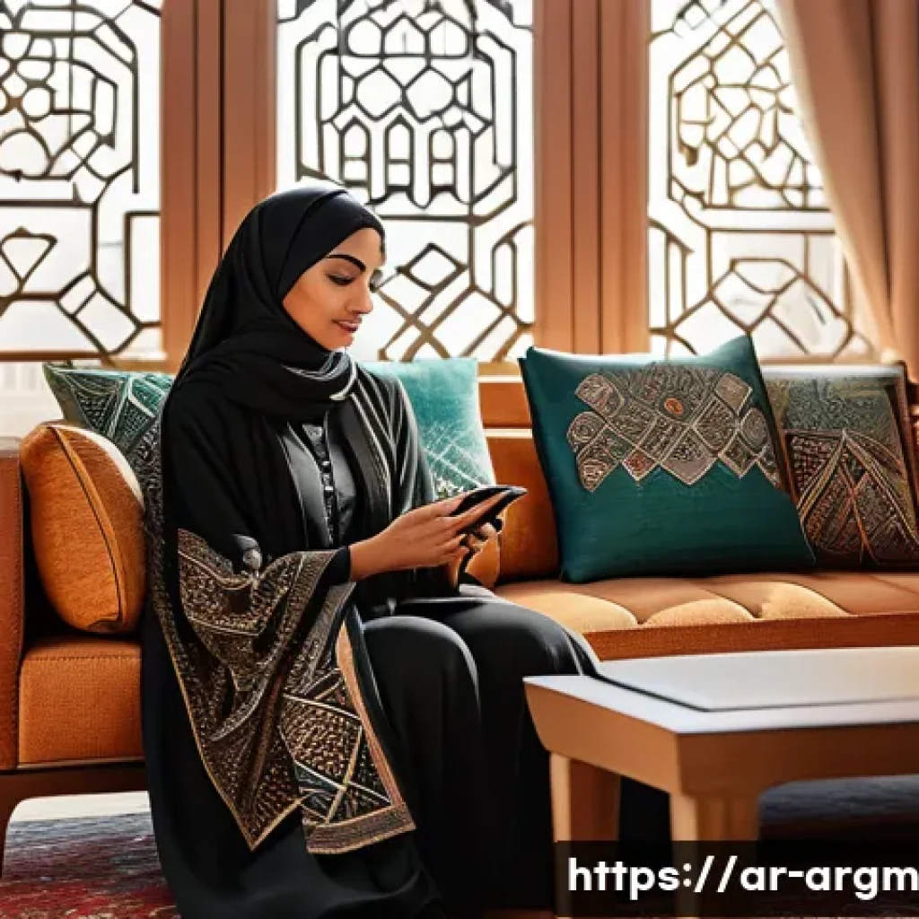 증강현실 기반의 광고 캠페인 분석 - A modern Middle Eastern woman in stylish modest fashion using a smartphone to interact with augmente...