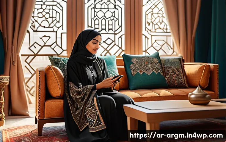 증강현실 기반의 광고 캠페인 분석 - A modern Middle Eastern woman in stylish modest fashion using a smartphone to interact with augmente...