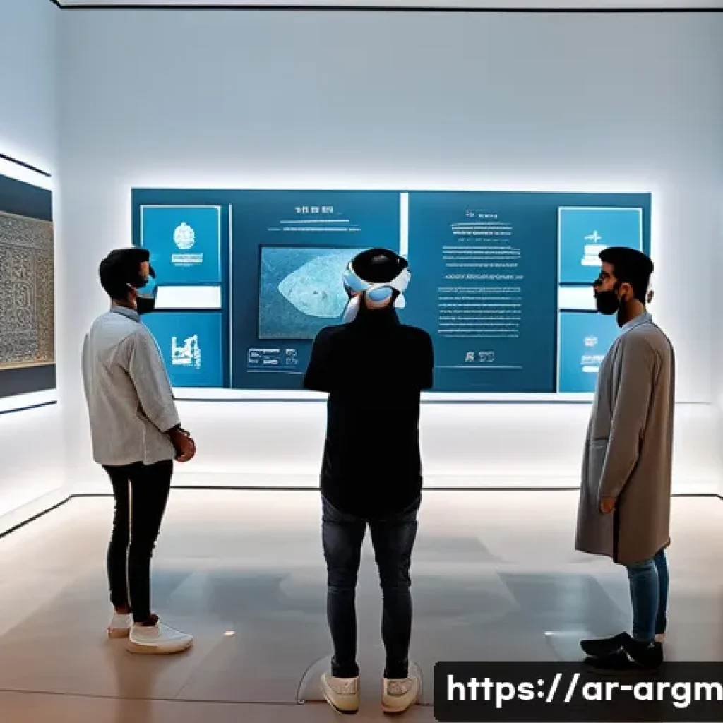증강현실을 통한 사회적 거리두기 사례 - A modern museum interior filled with Arabic cultural exhibits, where diverse visitors wearing light ...
