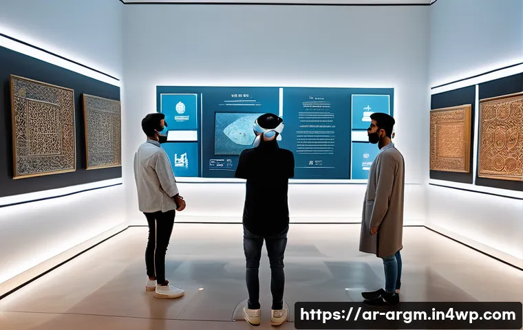 증강현실을 통한 사회적 거리두기 사례 - A modern museum interior filled with Arabic cultural exhibits, where diverse visitors wearing light ...