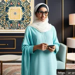Home 23 증강현실 기술이 변화시키는 쇼핑 경험 - A modern Middle Eastern woman wearing stylish modest clothing and smart glasses interacting with aug...