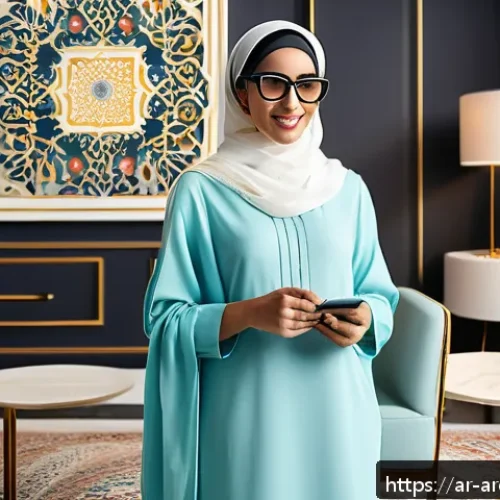 Home 17 증강현실 기술이 변화시키는 쇼핑 경험 - A modern Middle Eastern woman wearing stylish modest clothing and smart glasses interacting with aug...