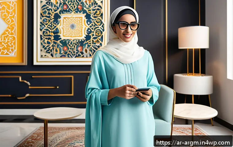 증강현실 기술이 변화시키는 쇼핑 경험 - A modern Middle Eastern woman wearing stylish modest clothing and smart glasses interacting with aug...