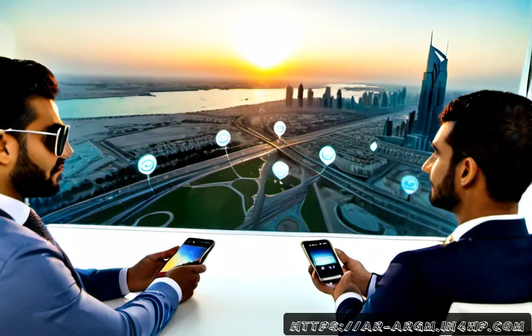 증강현실을 활용한 글로벌 마케팅 전략 - Photorealistic global marketing strategy meeting in a modern Dubai office, Arab marketing profession...