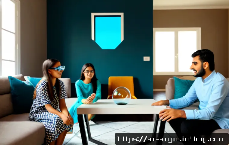증강현실 기술의 발전과 사회적 영향 - Photorealistic modern Gulf Arab family in a bright, elegant living room, grandparents and parents we...
