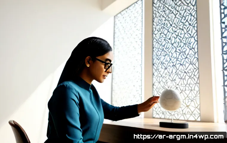 증강현실과 웨어러블 기술의 조화 - Photorealistic Arab architect wearing sleek augmented-reality glasses and a modest tailored outfit, ...
